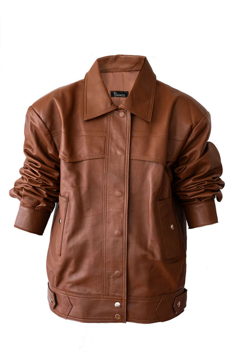 TAN LEATHER BOXY JACKET (CUSTOM MADE)